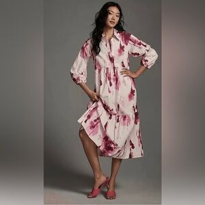 Anthropologie Maeve Bettina Dress Tiered Shirt Buttondown Watercolor Size S New